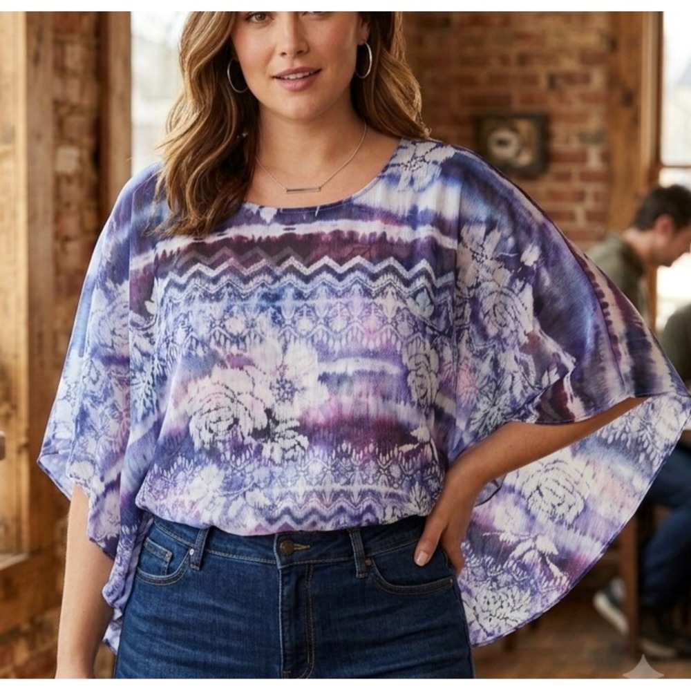 Alfred Dunner Woman 3X Purple Blue Tie Dye Floral Poncho Top 2-Piece Set 3XL